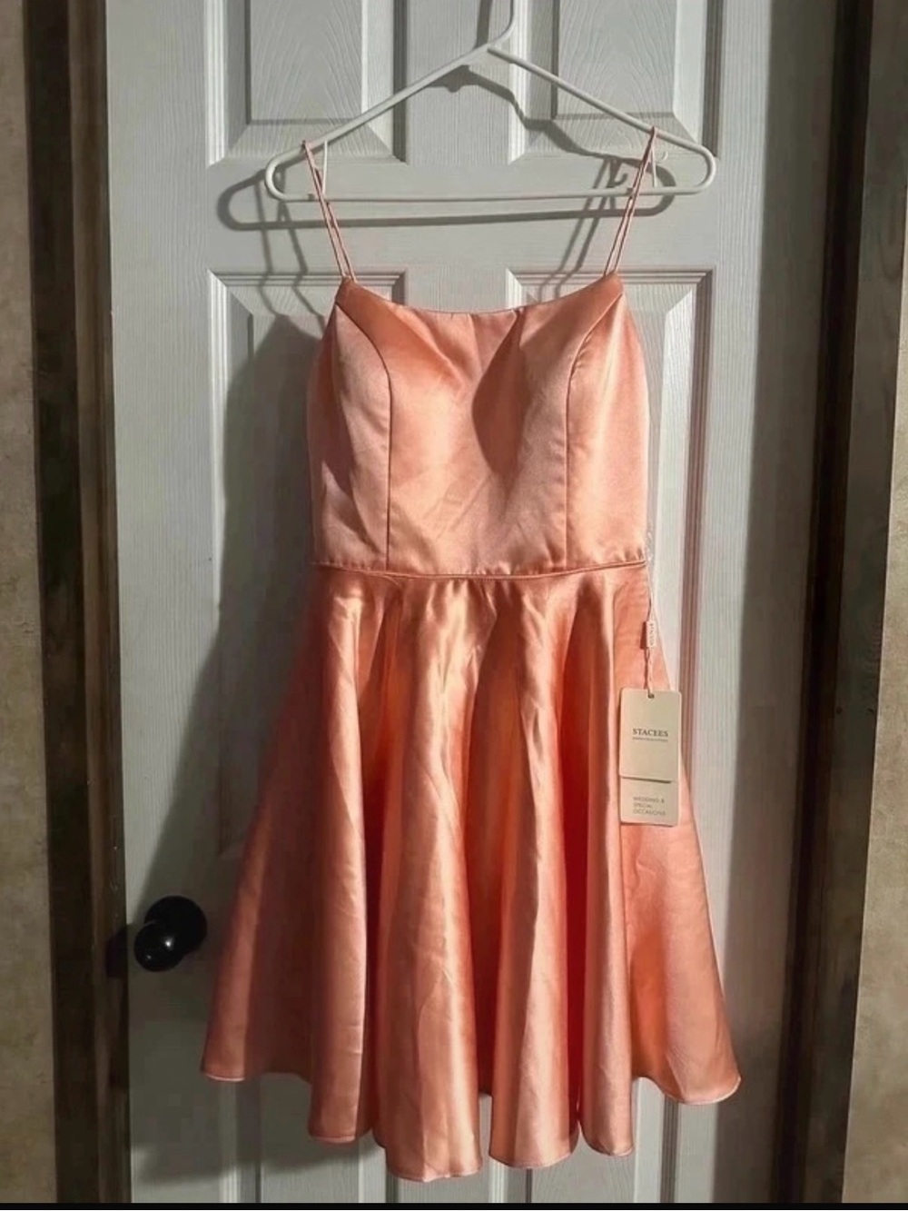 Stacedes Peach Satin Spaghetti-Strap Prom Dress